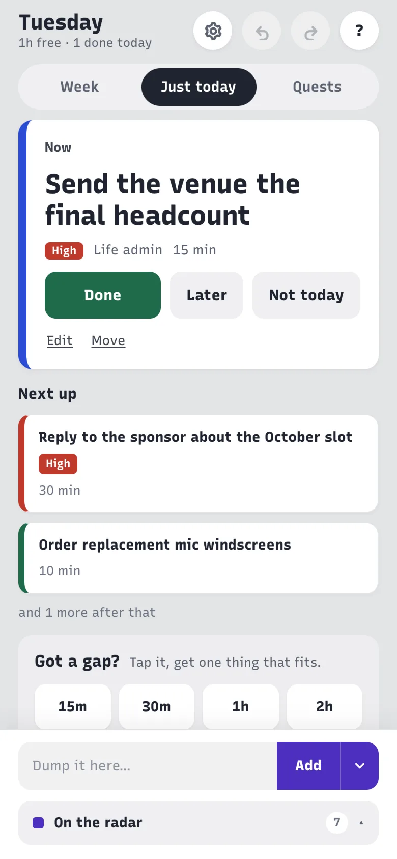 Just today on iPhone: the Now card, Next up, and Got a gap?